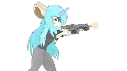 Size: 3840x2160 | Tagged: safe, artist:straighttothepointstudio, derpibooru import, oc, unofficial characters only, anthro, unicorn, angry, anthro oc, assault rifle, clothes, digital art, ear fluff, female, g5, gears of war, gritted teeth, gun, image, long hair, magic, png, rifle, simple background, solo, teeth, transparent background, visor, weapon