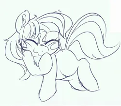Size: 2365x2066 | Tagged: safe, artist:zzzsleepy, derpibooru import, oc, oc:chanter, ghost, ghost pony, pony, undead, blush sticker, blushing, chest fluff, ear fluff, eyes closed, female, floating, giggling, image, jpeg, mare, monochrome, simple background, sketch, solo, wavy mouth