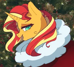 Size: 1141x1045 | Tagged: safe, artist:twilightsparkee, derpibooru import, sunset shimmer, pony, christmas, christmas ornament, christmas tree, clothes, costume, decoration, holiday, image, jpeg, looking at you, santa costume, smiling, solo, tree