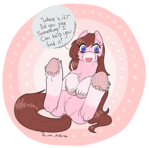 Size: 962x955 | Tagged: suggestive, artist:luna_mcboss, derpibooru import, oc, oc:yamire, unofficial characters only, clydesdale, earth pony, pony, blaze (coat marking), blue eyes, brown mane, butt, chest fluff, coat markings, earth pony oc, facial markings, feathered fetlocks, featureless crotch, fluffy, hoof heart, hooves to the chest, image, legs in air, long hair, open mouth, open smile, pink background, pink coat, plot, png, simple background, smiling, socks (coat marking), solo, speech bubble, spread legs, spreading, underhoof