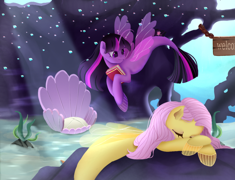 Size: 1181x906 | Tagged: safe, artist:marychristine08, derpibooru import, fluttershy, twilight sparkle, alicorn, pegasus, pony, seapony (g4), book, bubble, clothes, crepuscular rays, cute, digital art, dorsal fin, duo, eyes closed, female, fins, fish tail, flowing mane, flowing tail, horn, image, lying down, mare, pink mane, png, purple eyes, rock, seaponified, seapony fluttershy, seapony twilight, seaweed, see-through, sleeping, smiling, species swap, sunlight, tail, underwater, water, wings