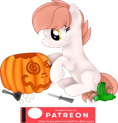 Size: 2380x2475 | Tagged: safe, artist:pure-blue-heart, derpibooru import, oc, oc:brushed light, unofficial characters only, earth pony, pony, earth pony oc, female, freckles, halloween, holiday, image, jack-o-lantern, mare, patreon, patreon logo, patreon reward, png, pumpkin, pumpkin carving, short hair, simple background, solo, transparent background, yellow eyes
