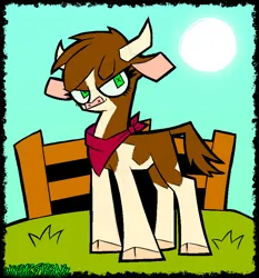 Size: 1596x1712 | Tagged: safe, artist:xxv4mp_g4z3rxx, derpibooru import, cow, them's fightin' herds, arizona (tfh), bandana, community related, day, fence, grass, green eyes, horns, image, png, solo, sun