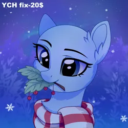 Size: 3500x3500 | Tagged: safe, artist:leah minik, derpibooru import, oc, pony, advertisement, any gender, any race, bust, christmas, clothes, commission, cute, ear fluff, holiday, image, looking at something, mouth hold, png, portrait, scarf, sky, sky background, smiling, snow, solo, striped scarf, tree, your character here