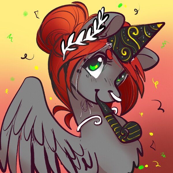 Size: 2400x2400 | Tagged: safe, artist:opalacorn, derpibooru import, oc, oc:void, unofficial characters only, pegasus, pony, confetti, female, gradient background, hat, high res, image, jpeg, mare, mouth hold, nose piercing, nose ring, party hat, party horn, piercing, solo