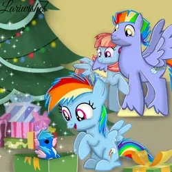 Size: 1300x1300 | Tagged: safe, artist:mlplary6, derpibooru import, bow hothoof, rainbow dash, windy whistles, pegasus, pony, christmas, christmas tree, doll, female, filly, filly rainbow dash, foal, happy, hearth's warming eve, holiday, image, jpeg, male, mare, present, smiling, stallion, toy, tree, younger