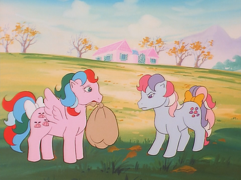 Size: 960x720 | Tagged: safe, derpibooru import, screencap, sweet stuff, whizzer, earth pony, pegasus, pony, twinkle eyed pony, my little pony 'n friends, sweet stuff and the treasure hunt, bow, duo, female, g1, image, mare, png, tail, tail bow