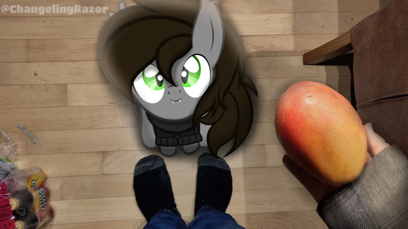 Size: 3840x2160 | Tagged: safe, artist:razoruniboop, derpibooru import, oc, oc:razoruniboop, bat pony, changeling, pegasus, pony, clothes, cute, eye, eyes, food, hand, image, irl, legs, male, mango, photo, png, puppy dog eyes, socks, stallion