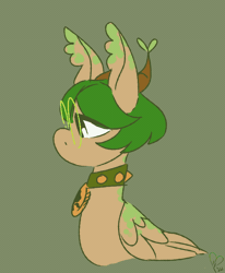 Size: 706x855 | Tagged: safe, artist:pagophasia, derpibooru import, oc, oc:hortis culture, unofficial characters only, hybrid, pony, animated, blinking, blushing, bust, collar, derpibooru exclusive, ear tufts, eyes closed, gif, glasses, green background, horn, image, leaf, looking sideways, nonbinary, round glasses, simple background, smiling, solo, wings