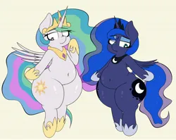 Size: 3472x2768 | Tagged: suggestive, artist:blitzyflair, derpibooru import, princess celestia, princess luna, alicorn, pony, semi-anthro, belly, belly button, chubby, crown, duo, duo female, female, hoof shoes, image, jewelry, jpeg, lidded eyes, looking back, looking down, mare, peytral, regalia, royal sisters, siblings, sisters, thighs, wide hips