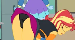 Size: 2530x1349 | Tagged: suggestive, artist:gmaplay, derpibooru import, sunset shimmer, trixie, equestria girls, ass, black underwear, bunset shimmer, butt, clothes, image, panties, png, rear view, unconscious, underwear