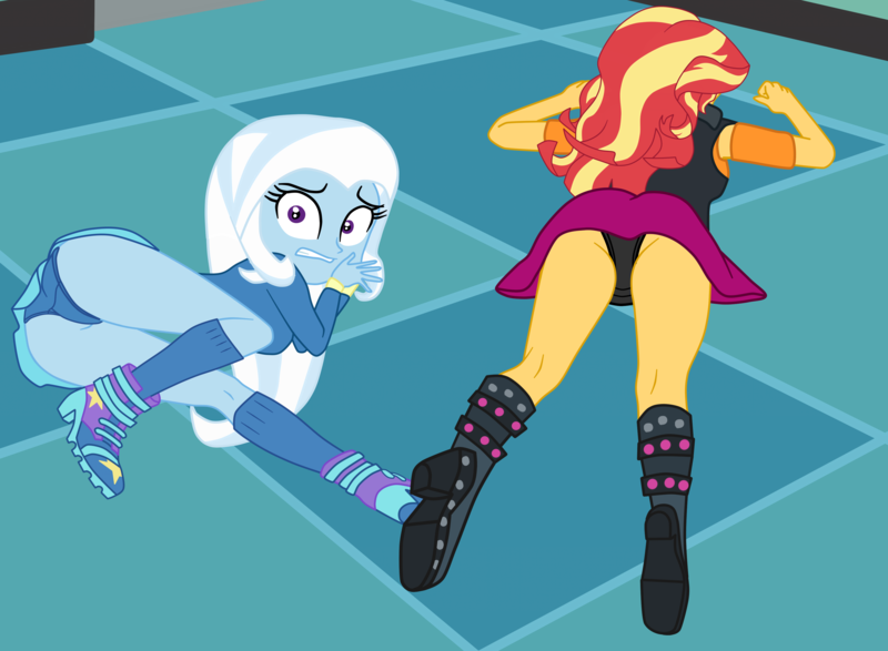 Size: 3493x2564 | Tagged: suggestive, artist:gmaplay, derpibooru import, sunset shimmer, trixie, equestria girls, equestria girls series, forgotten friendship, ass, ass up, bunset shimmer, butt, clothes, face down ass up, image, panties, png, the great and powerful ass, unconscious, underwear