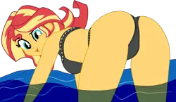 Size: 3278x1900 | Tagged: suggestive, artist:gmaplay, derpibooru import, sunset shimmer, equestria girls, ass, bunset shimmer, butt, clothes, image, png, presenting, solo, swimsuit
