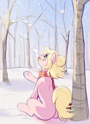 Size: 2149x2944 | Tagged: safe, artist:pledus, derpibooru import, oc, oc:kara waypoint, unofficial characters only, earth pony, pony, clothes, female, forest, image, mare, png, scarf, snow, snowfall, snowflake, solo, tree, winter