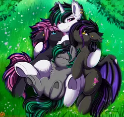 Size: 2696x2533 | Tagged: safe, artist:pridark, derpibooru import, oc, unofficial characters only, bat pony, pony, unicorn, bat pony oc, bat wings, chest fluff, cuddle puddle, cuddling, eyes closed, featureless crotch, female, fluffy, grass, horn, image, male, png, pony pile, relaxing, underhoof, unicorn oc, wings