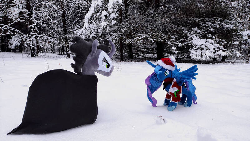 Size: 1192x670 | Tagged: safe, derpibooru import, king sombra, princess luna, alicorn, unicorn, clothes, forest, image, jpeg, photo, plushie, tree, winter, winter outfit