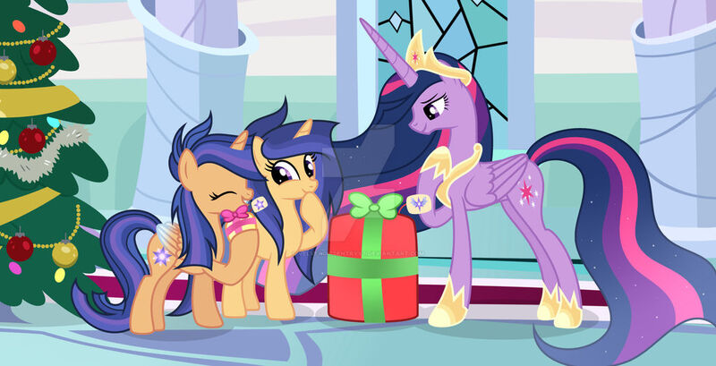 Size: 1024x523 | Tagged: safe, artist:velveagicsentryyt, derpibooru import, princess twilight 2.0, twilight sparkle, twilight sparkle (alicorn), oc, oc:galaxy swirls, oc:velvet sentry, alicorn, pony, unicorn, the last problem, female, image, jpeg, mare, offspring, older, older twilight, parent:flash sentry, parent:twilight sparkle, parents:flashlight