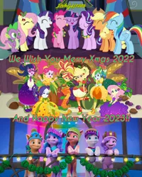 Size: 1920x2400 | Tagged: safe, derpibooru import, edit, edited screencap, editor:itsmgh1203, screencap, applejack, fluttershy, hitch trailblazer, izzy moonbow, pinkie pie, pipp petals, rainbow dash, rarity, sci-twi, spike, starlight glimmer, sunny starscout, sunset shimmer, twilight sparkle, twilight sparkle (alicorn), zipp storm, alicorn, dragon, earth pony, human, pegasus, pony, unicorn, a hearth's warming tail, equestria girls, equestria girls series, holidays unwrapped, season 6, spoiler:eqg series (season 2), spoiler:g5, spoiler:winter wishday, ^^, applejack's hat, bipedal, canterlot high, christmas, clothes, cowboy hat, crystal brighthouse, cute, dashabetes, eyes closed, g5, hat, holiday, humane five, humane seven, humane six, image, jackabetes, jpeg, mane five (g5), mane seven, mane six, night, o come all ye squashful, open mouth, open smile, raribetes, shoes, smiling, text, twilight's castle, winter wishday