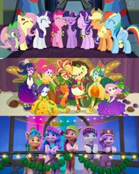 Size: 1920x2400 | Tagged: safe, alternate version, derpibooru import, edit, edited screencap, editor:itsmgh1203, screencap, applejack, fluttershy, hitch trailblazer, izzy moonbow, pinkie pie, pipp petals, rainbow dash, rarity, sci-twi, spike, starlight glimmer, sunny starscout, sunset shimmer, twilight sparkle, twilight sparkle (alicorn), zipp storm, alicorn, dragon, earth pony, human, pegasus, pony, unicorn, a hearth's warming tail, equestria girls, equestria girls series, holidays unwrapped, season 6, spoiler:eqg series (season 2), spoiler:g5, spoiler:winter wishday, ^^, applejack's hat, bipedal, canterlot high, christmas, clothes, cowboy hat, crystal brighthouse, cute, dashabetes, eyes closed, g5, hat, holiday, humane five, humane seven, humane six, image, jackabetes, jpeg, mane five (g5), mane seven, mane six, night, o come all ye squashful, open mouth, open smile, raribetes, shoes, smiling, twilight's castle, winter wishday