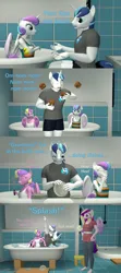 Size: 1920x4320 | Tagged: safe, artist:papadragon69, derpibooru import, princess cadance, princess flurry heart, princess skyla, shining armor, alicorn, anthro, unicorn, 3d, bathtub, bluey, burger, clothes, comic, father and child, father and daughter, female, food, image, male, non-nude bathing, parody, plate, png, reference, source filmmaker, sports, swimsuit, toy, water, wrestling