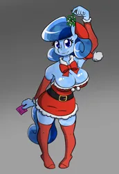 Size: 1048x1524 | Tagged: suggestive, artist:whatsapokemon, derpibooru import, oc, oc:heart song, unofficial characters only, anthro, crystal pony, big breasts, breasts, christmas, cleavage, clothes, condom, costume, female, hat, holding, holiday, image, looking at you, mistletoe, png, santa costume, santa hat, smiling, smiling at you, solo, solo female