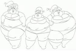 Size: 3283x2202 | Tagged: suggestive, artist:catstuxedo, derpibooru import, pinkie pie, rainbow dash, rarity, human, bbw, belly button, christmas, chubby cheeks, fat, female, high res, holiday, horn, horned humanization, humanized, image, jpeg, monochrome, morbidly obese, obese, piggy pie, pudgy pie, rainblob dash, raritubby, ssbbw, trio, trio female, winged humanization, wings