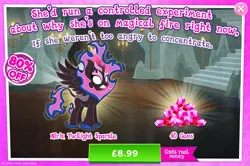Size: 1958x1300 | Tagged: safe, derpibooru import, official, twilight sparkle, twilight sparkle (alicorn), alicorn, kirin, nirik, winged kirin, advertisement, cloven hooves, costs real money, english, fangs, female, fire, gameloft, gem, horn, image, jpeg, kirin twilight, kirinified, mane of fire, mobile game, my little pony: magic princess, numbers, sale, solo, solo focus, species swap, spread wings, text, wings