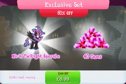 Size: 1268x853 | Tagged: safe, derpibooru import, official, twilight sparkle, twilight sparkle (alicorn), alicorn, kirin, nirik, winged kirin, bundle, cloven hooves, costs real money, english, fangs, female, fire, gameloft, gem, horn, image, jpeg, kirin twilight, kirinified, mane of fire, mobile game, my little pony: magic princess, numbers, sale, solo, solo focus, species swap, spread wings, text, wings