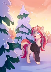 Size: 1240x1754 | Tagged: safe, artist:skysorbett, derpibooru import, oc, oc:dashka bun, unofficial characters only, pony, unicorn, clothes, female, fir tree, forest, hoodie, image, mare, open mouth, png, snow, solo, tree, winter