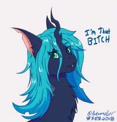 Size: 1155x1200 | Tagged: safe, artist:autumnsfur, derpibooru import, queen chrysalis, changeling, changeling queen, pony, angry, annoyed, bitch, blue hair, bust, chest fluff, digital art, ear fluff, female, green eyes, hair over eyes, hair over one eye, horn, image, logo, long ears, long hair, long mane, looking away, mare, png, sharp teeth, signature, simple background, solo, teeth, tooth, tooth gap