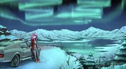 Size: 4700x2600 | Tagged: safe, artist:apocheck13, derpibooru import, oc, oc:bubblegum kiss, unofficial characters only, anthro, plantigrade anthro, unicorn, aurora borealis, car, commission, female, image, lake, mountain, mountain range, night, png, scenery, snow, solo, water, winter