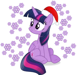 Size: 5564x5438 | Tagged: safe, artist:anime-equestria, derpibooru import, twilight sparkle, twilight sparkle (alicorn), alicorn, pony, christmas, female, happy, hat, holiday, horn, image, mare, png, simple background, sitting, smiling, snow, snowflake, solo, transparent background, vector, wings