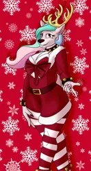 Size: 1600x3000 | Tagged: safe, artist:sixes&sevens, derpibooru import, princess celestia, anthro, deer, reindeer, antlers, bells, belt, bow, candy, candy cane, christmas, clothes, costume, deerlestia, female, food, holiday, image, looking at you, png, reindeerified, santa costume, smiling, snow, snowflake, socks, solo, solo female, species swap