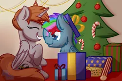 Size: 3000x2000 | Tagged: safe, artist:exobass, derpibooru import, oc, oc:fauli, oc:funnyjo, alicorn, bat pony, pony, alicorn oc, bat pony oc, bat wings, christmas, complex background, fangs, holiday, horn, image, png, present, tree, wings