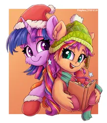 Size: 1220x1399 | Tagged: safe, artist:zeepheru_pone, derpibooru import, sunny starscout, twilight sparkle, twilight sparkle (alicorn), alicorn, earth pony, pony, book, cheek fluff, clothes, cute, ear fluff, female, g5, hat, image, looking at each other, looking at someone, mare, png, scarf, simple background, smiling, striped scarf, sunny and her heroine