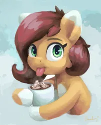 Size: 2082x2558 | Tagged: safe, artist:aemantaslim, derpibooru import, oc, oc:cream crackers, unofficial characters only, earth pony, pony, abstract background, drink, earth pony oc, female, image, looking at you, mare, mug, png, solo, tongue out