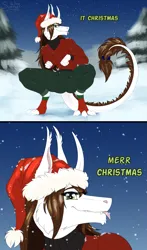 Size: 941x1600 | Tagged: safe, artist:sunny way, derpibooru import, oc, oc:shasehra gaelehrion, anthro, ki'rinaes, original species, :p, art, artwork, christmas, comic, comic strip, cute, digital art, equis universe, fangs, female, fluffy, forest, fur, hat, holiday, image, it chrismas, it christmas, like a dino, meme, merr chrismas, merry christmas, mlem, paws, png, santa hat, shasehra gaelehrion, silly, snow, solo, teeth, tongue out, tree, warm