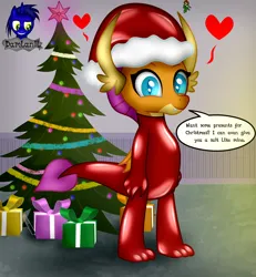 Size: 3840x4154 | Tagged: safe, artist:damlanil, derpibooru import, smolder, dragon, bodysuit, catsuit, christmas, christmas decoration, christmas tree, clothes, comic, cute, dragon wings, dragoness, eyelashes, female, floating heart, happy, hat, heart, hearth's warming, holiday, horns, image, latex, latex suit, looking at you, mistletoe, png, present, rubber, santa hat, shiny, show accurate, smiling, smiling at you, smolderbetes, solo, speech bubble, standing, suit, talking to viewer, test tube, text, tree, vector, wings