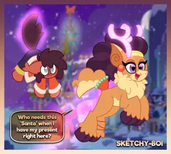 Size: 4000x3600 | Tagged: safe, artist:snakeythingy, derpibooru import, saffron masala, oc, oc:sketchy dupe, deer, pony, reindeer, best gift ever, canon x oc, christmas, fluffy, holiday, image, png, reindeerified, species swap, story included