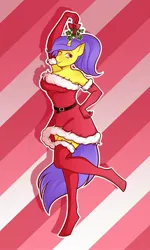 Size: 1296x2160 | Tagged: safe, artist:tutti, derpibooru import, oc, oc:tulipan, anthro, unicorn, belt, breasts, christmas, christmas stocking, clothes, commission, evening gloves, female, gloves, hand on hip, holiday, image, jpeg, long gloves, looking at you, one eye closed, one leg raised, ponytail, simple background, socks, solo, stockings, thigh highs, wink, winking at you