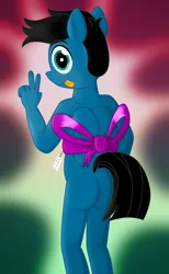 Size: 4070x6600 | Tagged: suggestive, artist:agkandphotomaker2000, derpibooru import, oc, oc:pony video maker, unofficial characters only, anthro, pegasus, plantigrade anthro, pony, ass, butt, christmas, dock, hearth's warming eve, holiday, image, looking at you, male, nudity, peace sign, png, ribbon, simple background, solo, solo male, tail, teasing