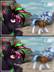 Size: 3000x4000 | Tagged: safe, artist:chvrchgrim, derpibooru import, oc, oc:krypt, oc:peace keeper, unofficial characters only, bat pony, pegasus, pony, 2 panel comic, bared teeth, bat pony oc, bat wings, blue eyes, blue hair, blurry background, camera, camera shot, comic, detailed background, ear piercing, emo, fangs, filming, hissing, image, lip piercing, motion blur, multicolored hair, orange eyes, pegasus oc, piercing, png, recording, wings