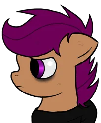 Size: 1924x2351 | Tagged: safe, artist:taeko, derpibooru import, scootaloo, pegasus, pony, fanfic:rainbow factory, 2022, absentia, clothes, factory scootaloo, fanfic art, female, filly, floppy ears, foal, frown, hoodie, image, looking offscreen, png, side view, simple background, solo, transparent background