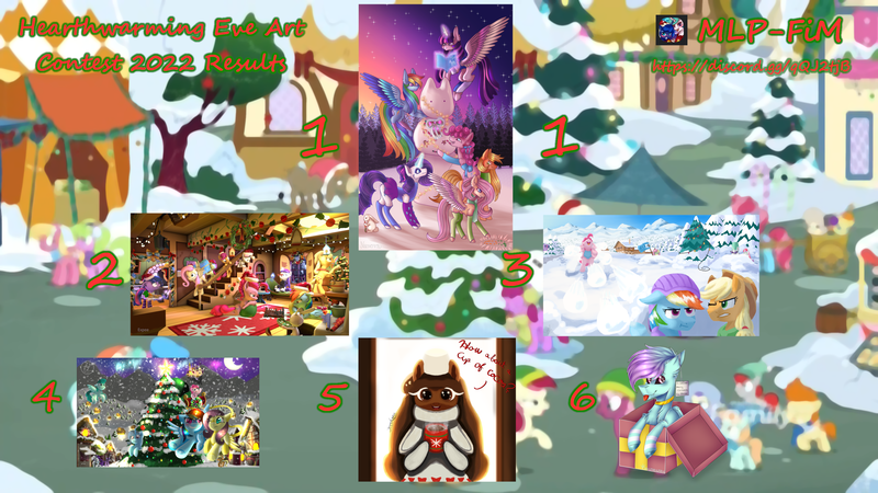 Size: 3000x1688 | Tagged: safe, artist:expee, artist:swordsmen, derpibooru import, applejack, derpy hooves, fluttershy, pinkie pie, rainbow dash, rarity, twilight sparkle, vinyl scratch, oc, alicorn, unicorn, 3d, christmas, christmas tree, clothes, contest, contest winner, costume, festive, food, hat, hearth's warming eve, holiday, hot coco, image, mane six, marshmallow, png, present, santa hat, scarf, snow, snowball, snowball fight, snowpony, tree