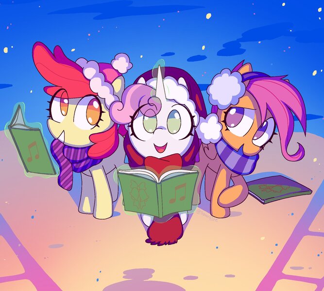 Size: 1920x1728 | Tagged: safe, artist:dawnfire, apple bloom, scootaloo, sweetie belle, earth pony, pegasus, pony, unicorn, book, caroling, choir book, christmas, clothes, cutie mark crusaders, earmuffs, female, filly, folded wings, hat, holiday, horn, image, jpeg, looking at you, looking up, looking up at you, magic, open mouth, santa hat, scarf, smiling, snow, snowfall, telekinesis, trio, wings, winter