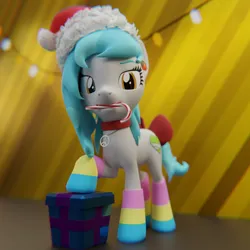 Size: 3240x3240 | Tagged: safe, artist:the luna fan, derpibooru import, oc, oc:sweet elis, unofficial characters only, earth pony, pony, 3d, blender, blender cycles, candy, candy cane, christmas, christmas lights, clothes, female, food, hat, high res, holiday, image, looking at you, mare, mouth hold, peace sign, png, present, santa hat, socks, striped socks
