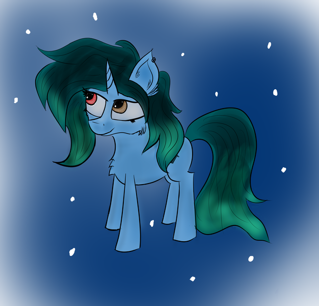 Size: 3132x3000 | Tagged: safe, artist:pfych0, oc, oc:reload, unofficial characters only, pony, unicorn, chest fluff, female, heterochromia, horn, image, mare, png, snow, snowfall, solo