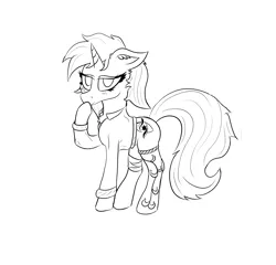 Size: 2500x2400 | Tagged: safe, artist:pfych0, oc, oc:qualiya, unofficial characters only, pony, unicorn, bandage, chest fluff, clothes, ear fluff, female, hoof over mouth, horn, image, lineart, looking at you, mare, open clothes, open shirt, png, raised hoof, socks, solo