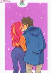 Size: 1400x2000 | Tagged: safe, artist:sozglitch, derpibooru import, sunset shimmer, oc, oc:generic messy hair anime anon, human, ass, blushing, bunset shimmer, butt, canon x oc, clothes, coat, denim, eyes closed, female, humanized, image, jeans, jpeg, kiss on the lips, kissing, large butt, male, mistletoe, pants, purple background, shipping, simple background, snow, snowfall, straight