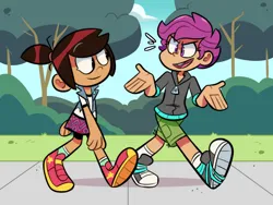 Size: 1280x961 | Tagged: safe, artist:charmegontus, derpibooru import, scootaloo, human, equestria girls, bush, clothes, converse, crossover, disney, female, friends, grass, image, jacket, jpeg, molly mcgee, shoes, shorts, sidewalk, sneakers, stroll, talking, the ghost and molly mcgee, tree, walking